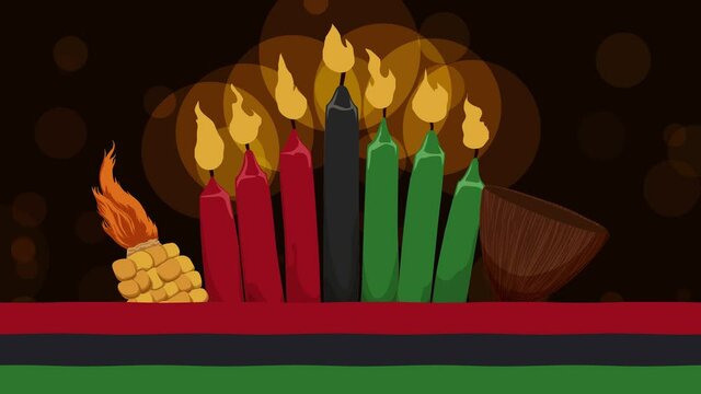 Lighted candles, waving flag, corn and cup over dark background with bokeh effect to celebrate Kwanzaa. Video animated 4K