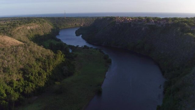 Aerial shot of Chavon river and Altos de Chavon village. La Romana