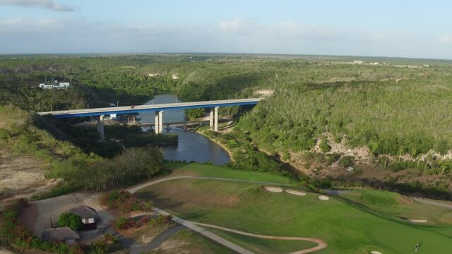 Aerial view of bridge over Chavon river. La Romana in Dominican Republic