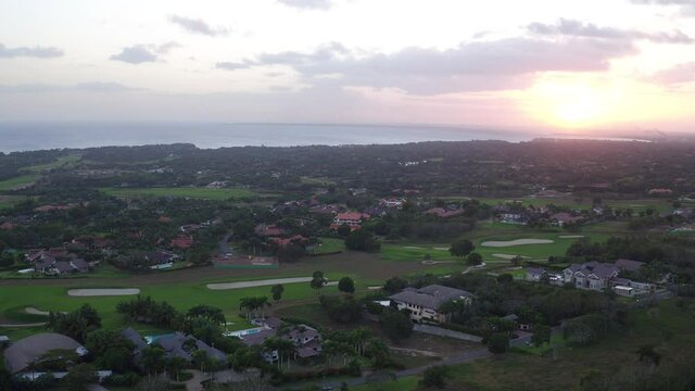 Aerial panoramic view of Altos de Chavon and coast at sunset. La Romana