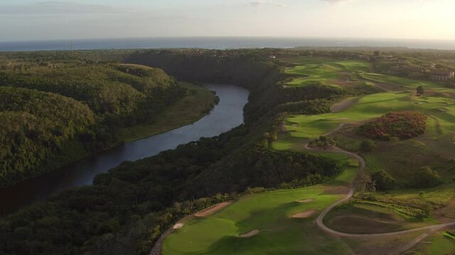 Aerial view over Golf Course with sea in background. Altos de Chavon, La Romana