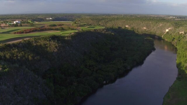 Aerial panoramic view over banks of Chavon river. La Romana