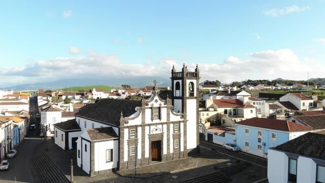 Church of Our Lady of Livramento in Ponta Delgada S&atilde;o Miguel Island in Azores - Ascending panoramic aerial shot