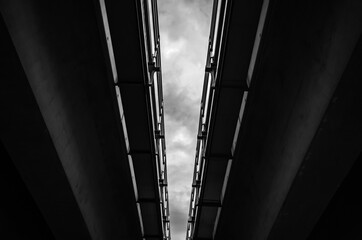 black and white overhead bridge