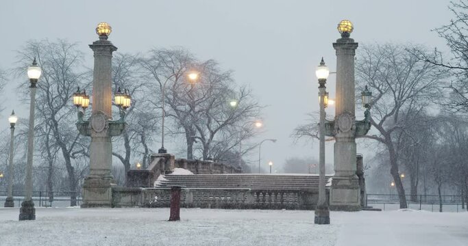 A park bridge in the snow in slow-motion (60fps)