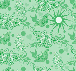 Fototapeta na wymiar Green abstract background pattern, wallpaper with butterflies and leaves. Seamless texture. Vector graphics