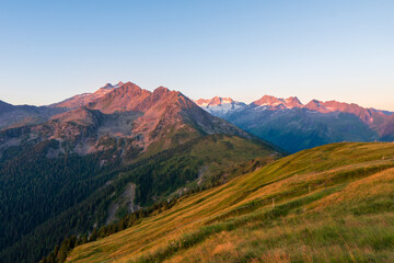 Fototapeta premium Colorful summer sunrise of the Plattenkogen on Zillertal alps . zillertal alps ,Tyrol. Location austria Europe.