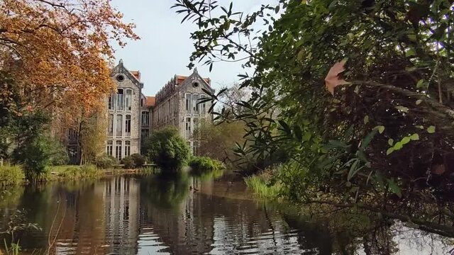 Daytime View Of Calm Lake And Ancient Building - Dom Carlos I Park In Caldas da Rainha - slow motion slider shot