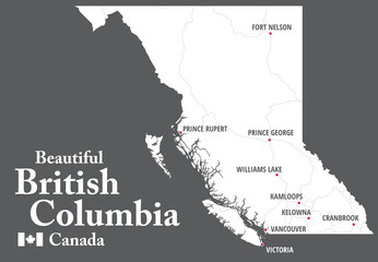 Beautiful British Columbia Map. Canada. White shape of BC province with highways and tourist destinations marked. Touristic guide. 