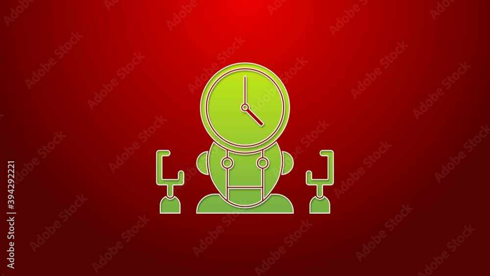 Poster green line robot and digital time manager icon isolated on red background. time management assistanc