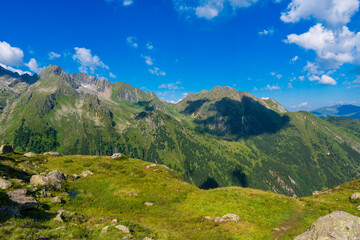 Alpine mountain landscape in europe. High mountain alpine valley at summer. Tourist - Hohe Tauern National Park. Austria. Famous tourism destination, tourist attraction