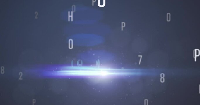 Digital animation of random letters in the alphabet and numbers moving and changing against light tr