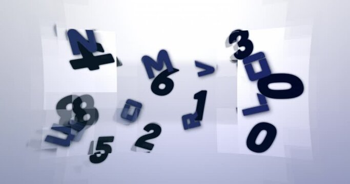 Digital animation of random letters in the alphabet and numbers moving and changing against grey bac