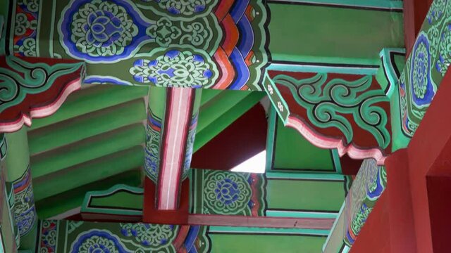 Beautiful Roof Detail In Traditional Korean Shrine In Tomb Of Seven Hundred Patriots. - low angle