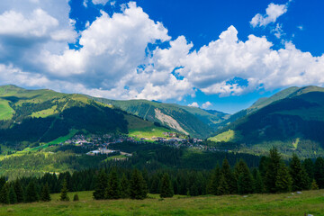 Fototapeta premium Mountain valley village landscape in Zillertal Alps . Mountain green valley village view austria near gerlos