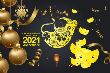 Happy Chinese New Year 2021 greeting card with year of the Ox. christmas confetti gold, gold ingots and black colors lace for text