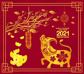 Happy chinese new year 2021 Ox Zodiac sign, with gold ingots cut art and craft style on color background for greeting card, flyers, poster
