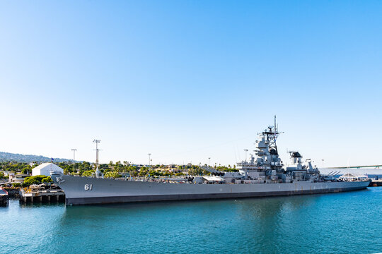 San Pedro, California - October 11 2019: USS Iowa Battleship Museum docked at Port of Los Angeles World Cruise Center on the LA Waterfront in San Pedro, California.