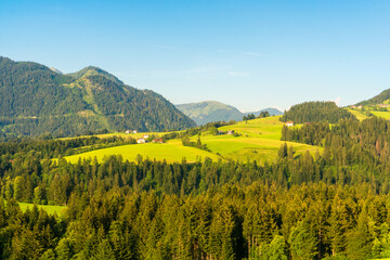 Mountain valley village landscape in Salzkammergut berge Alps . Mountain green valley village view austria near hallstatt