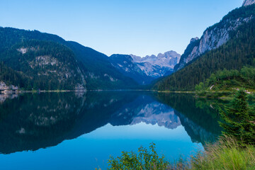 Beautiful summer scene of vorderer gosausee lake. Colorful evening view of Salzkammergut berge Alps on the Austrian , Europe. Beauty of nature concept background.