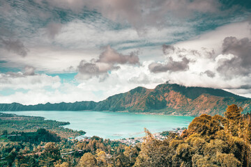 Active Indonesian volcano Batur in the tropical island Bali / Indonesia
