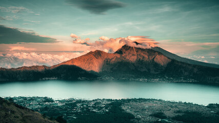 Active Indonesian volcano Batur in the tropical island Bali / Indonesia