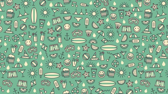 Colorful summer icon background animation moving diagonally. 4k. Seamless loop.