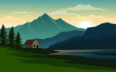 Fototapeta na wymiar Landscape with house and mountains