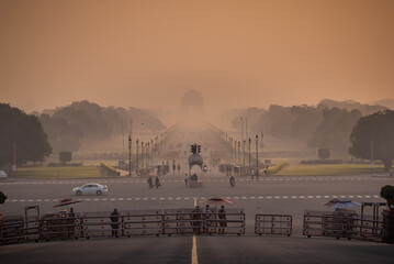 Silhouette of triumphal arch architectural style war memorial during hazy morning. Pollution level...