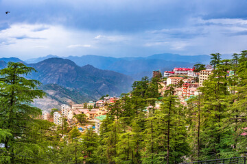Beautiful panoramic cityscape of Shimla, the state capital of Himachal Pradesh located amidst...