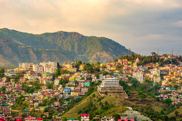 Panoramic cityscape of Solan city, the industrial hub of Himachal Pradesh located amidst Himalayas...