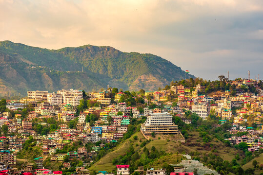 Panoramic cityscape of Solan city, the industrial hub of Himachal Pradesh located amidst Himalayas of India.