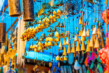 Tibetian traditional handicraft Wind chimes, Prayer flags & colorfull dream catcher at Mcleod ganj, dharamshala streets, himachal pradesh, India