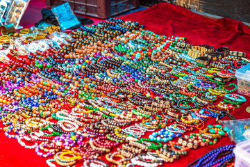 Abstract selective focus beautiful and elegant jewellery and accessories being displayed at street...