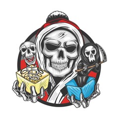 skull santa claus bring skull and grim reaper for a gift on christmas. vector illustration