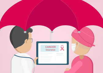 Cancer insurance concept with patient and doctor flat design vector illustration