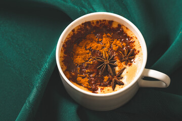 Spicy hot chocolate with cinnamon and anise close up on rich green textile background