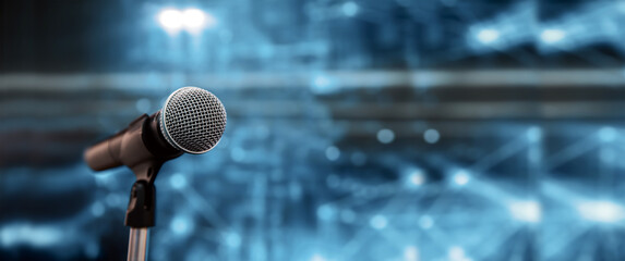 Public speaking backgrounds, Close-up the microphone on stand for speaker speech at seminar room...