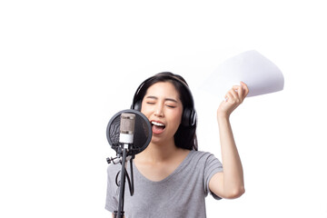 Singer asian woman with microphone and reading lyrics in music studio happy expression face isolated on white background.