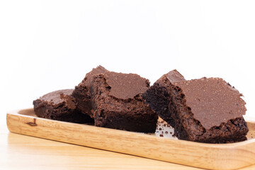 Tasty homemade piece chocolate cake on white background