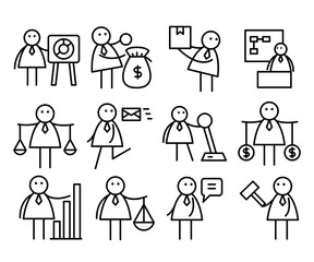 business people in various activities; businessman holding money bag, hammer, box, balance scale and presenting