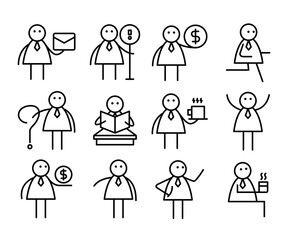 business people in various activities; businessman holding mail, coffee cup, money, question mark and reading book