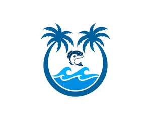 Fototapeta na wymiar Circular palm tree with beach wave and jumping fish