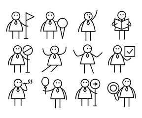 doodle business people in various activity; businessman holding flag, pin, check mark, magnifier and reading book