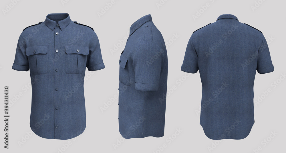 Sticker men's short sleeves military shirt mockup. 3d rendering, 3d illustration