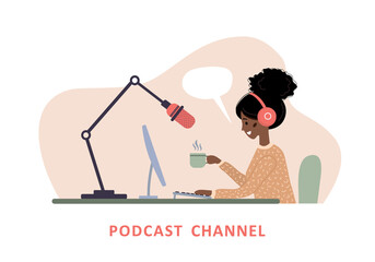 Obraz na płótnie Canvas Podcast concept. African woman in headphones at table recording audio broadcast. Interview with radio host. Vector illustration in flat cartoon style.
