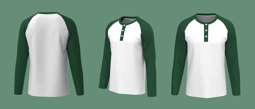 Blank raglan henley t-shirt with long sleeve mockup, front, side and back views, design presentation for print, 3d illustration, 3d rendering