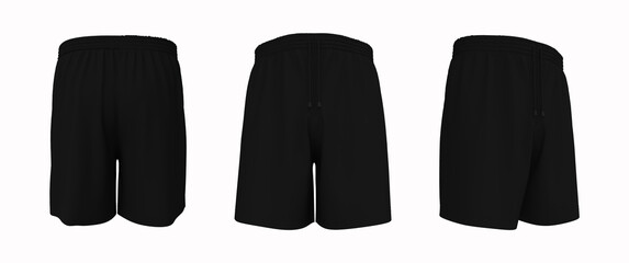 Blank sweat shorts mockup in front, back and side views. 3d rendering, 3d illustration.