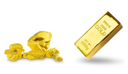Gold bar 1kg and Group of the precious gold nugget on white background