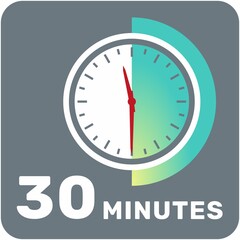 30 minutes, analog clock, isolated timer icon. Vector illustration, EPS.